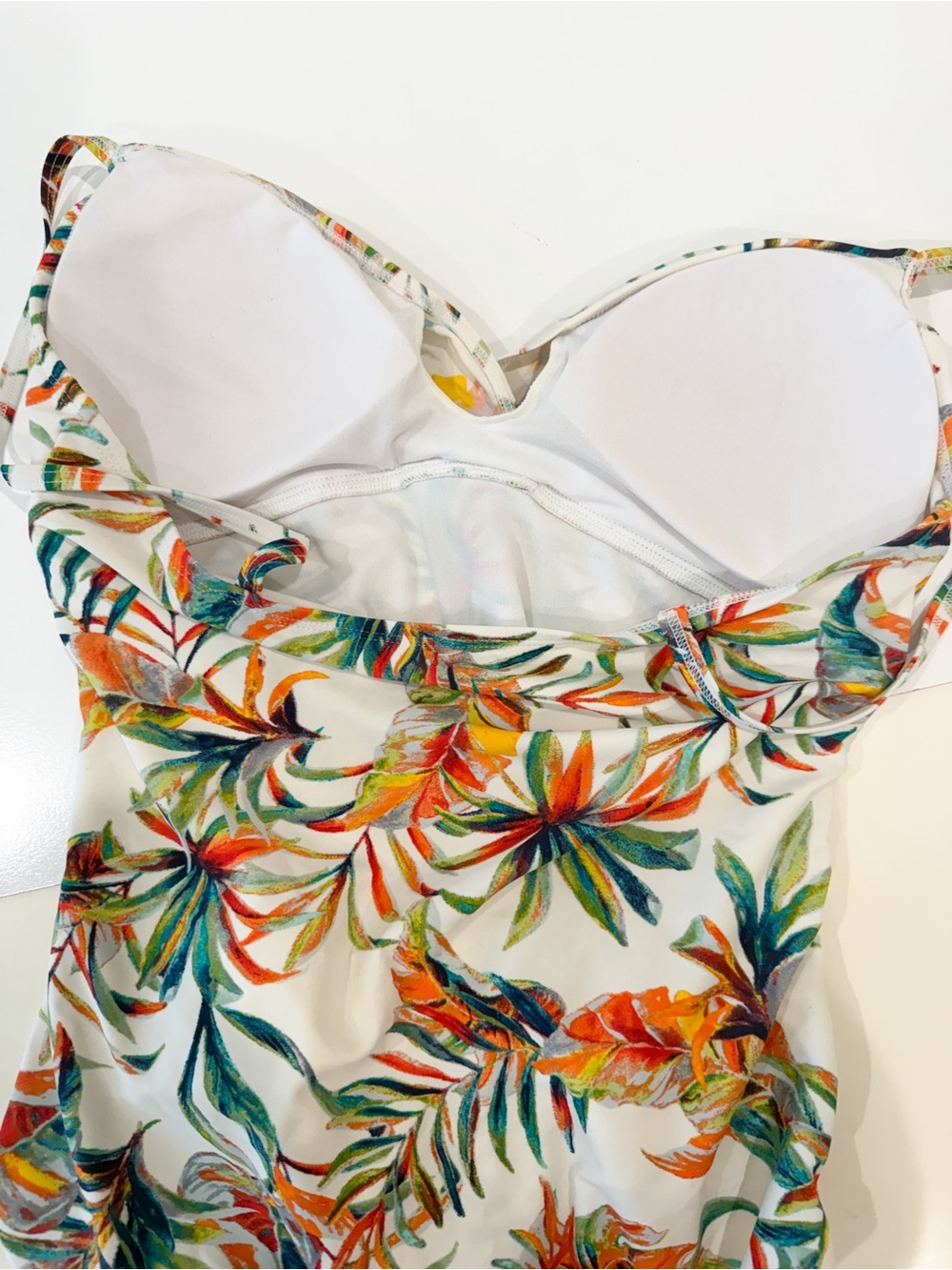 Ellen Tracy One Piece Swimsuit Ruched V Neck Tropical Palm Print Ivory Multi 14 - Picture 10 of 11